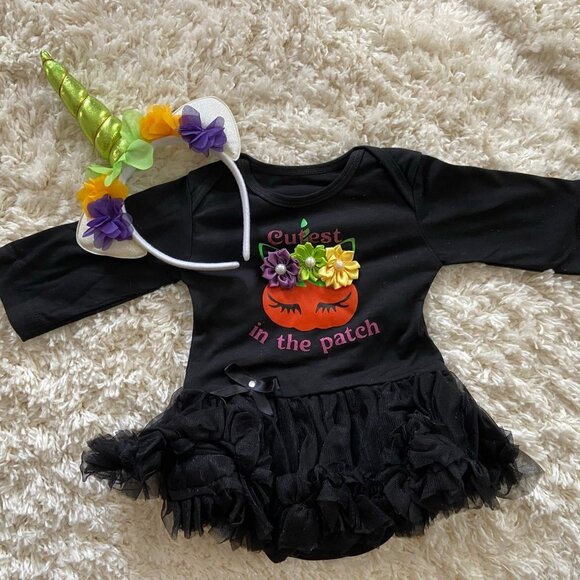 Halloween Baby Girl Dress Cutest Pumpkin With Unicorn Headband 3-6M NWT - Picture 1 of 4